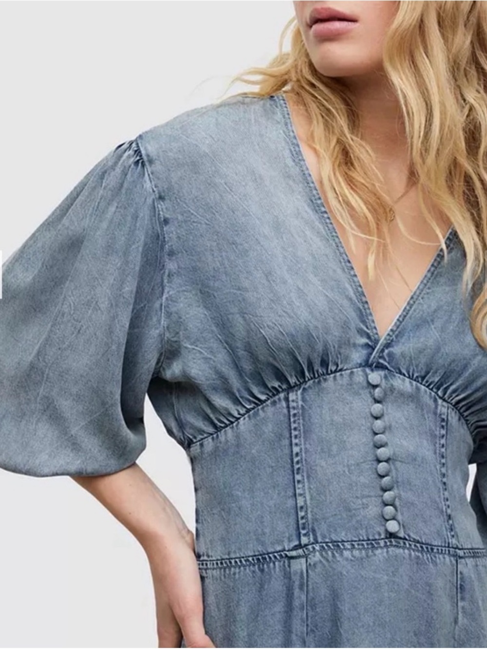 AllSaints Washed Denim Midi Dress in Faded Blue